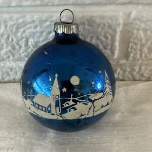 Vintage SHINY BRITE STENCILED CHURCH Blue Glass Christmas Ornament -